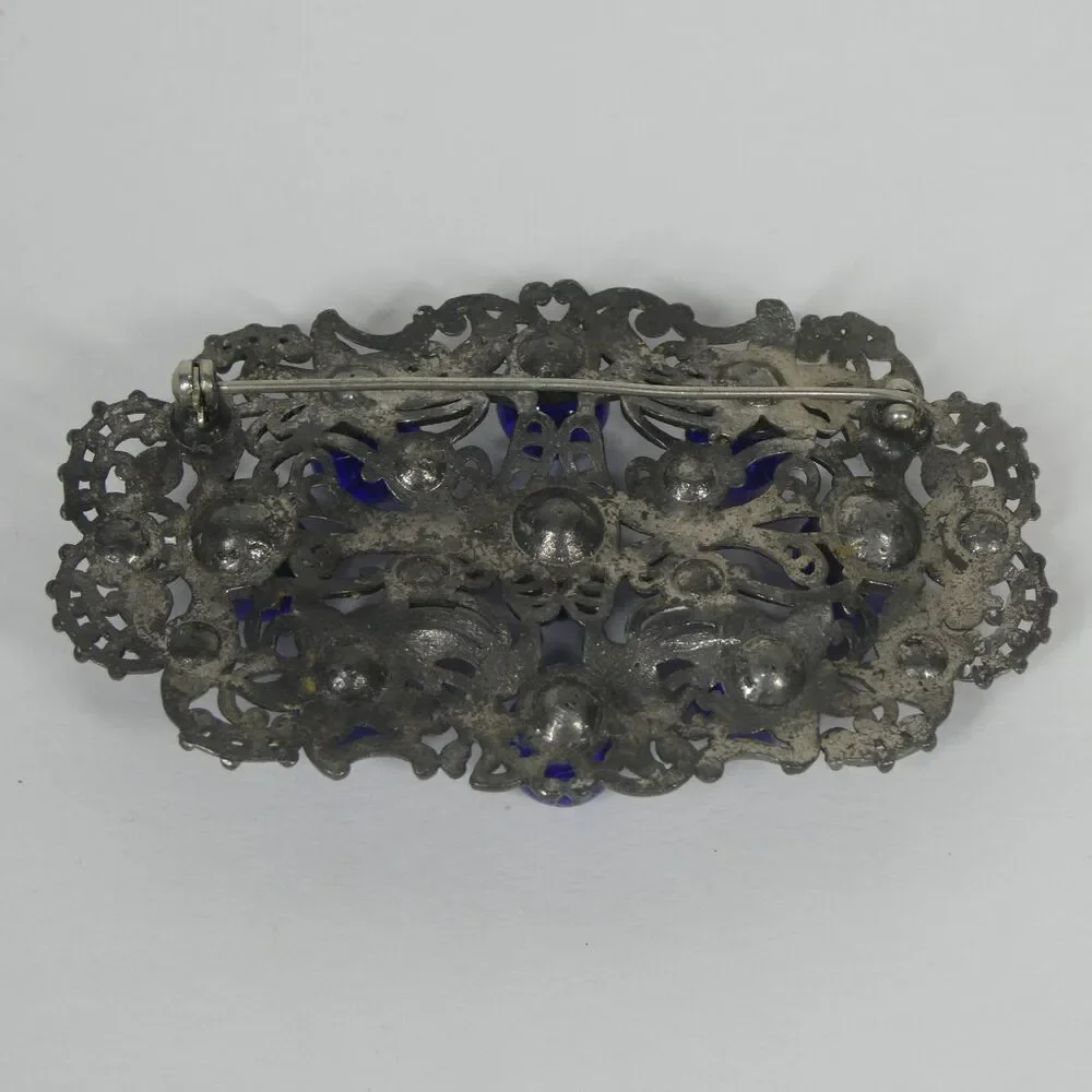 Silver Filigree Blue Rhinestone & Glass Crystal Brooch Antique Pin Czech?